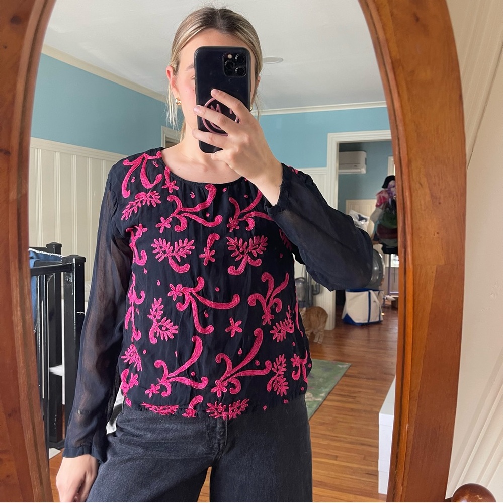 Passport Black Sheer Blouse with Hot Pink Embroidery